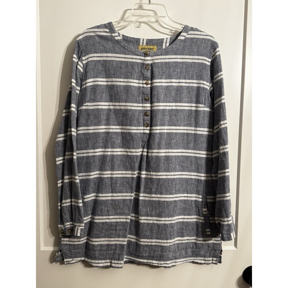 Rustic Ridge Blue White Stripe Linen Blend Tunic Top Sz L Coverup LagenLook